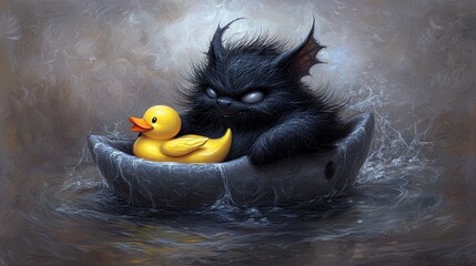 A cute, yet slightly menacing, black furry monster and a yellow rubber duck float in a small boat on water, in a dramatic, painterly style.