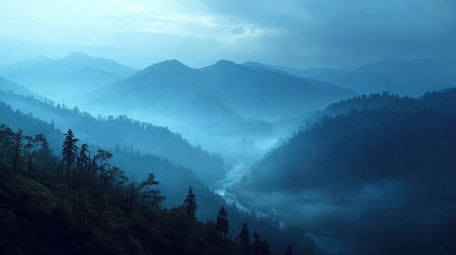 Blue twilight over a serene valley landscape with distant mountains