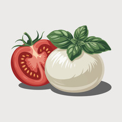 An artistic representation of fresh tomatoes sliced in half beside a ball of mozzarella cheese, garnished with basil leaves, presenting a classic combination of flavors.
