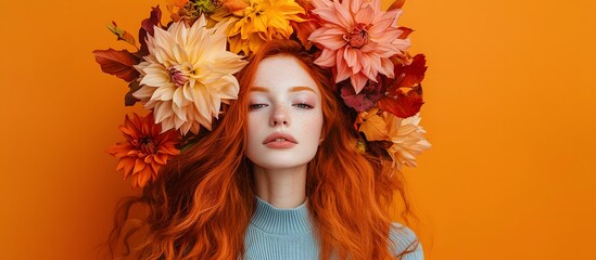Portrait of a beautiful redheaded woman wearing a crown of colorful autumn flowers.