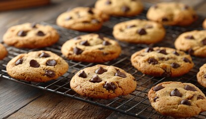 Freshly baked chocolate chip cookies on a wire cooling rack