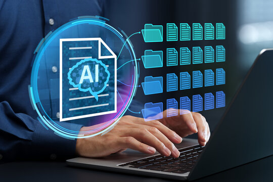 AI document analysis and management. Knowledge extraction and semantic search. Businessperson using laptop computer for document classification.