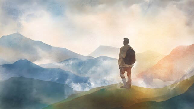 Inspiring mountain traveler watercolor art achievement travel inspiration scenic landscape print cover design