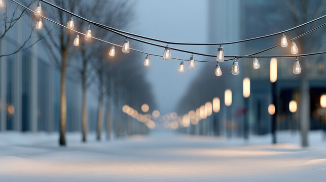 String lights glowing above snowy urban street with bare trees, creating peaceful winter atmosphere in city evening