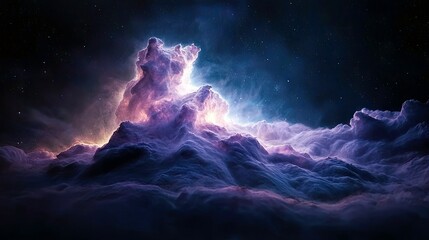 A stunning visual of a nebula formation in deep space, featuring vibrant purples, blues, and hints of gold, illuminated by a brilliant light source.