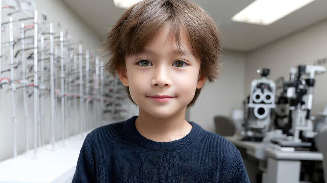 Young Japanese boy with brown hair smiling in optometry clinic, surrounded by eye exam equipment and bright lighting