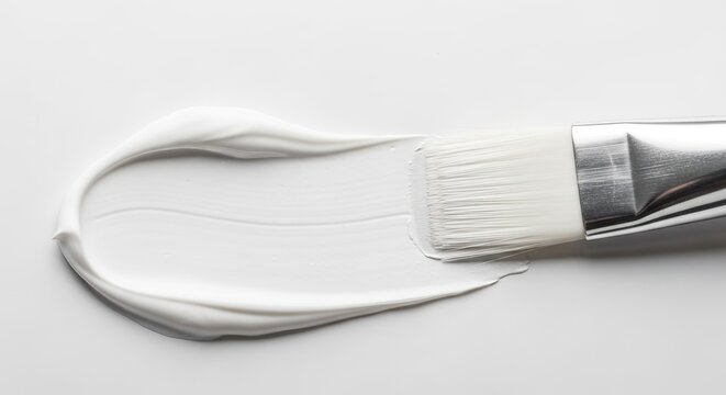White paint stroke with a paintbrush on a white background.