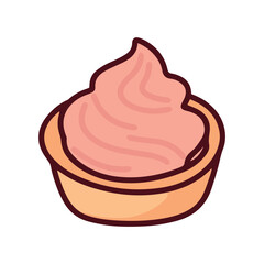 A crispy tart shell basket filled with pink strawberry mousse or cream. A delicious small pastry dessert, ideal for serving at tea parties or cafes.