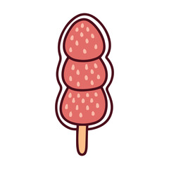 A skewer of three candied strawberries coated in hard sugar syrup. A traditional Tanghulu treat or sweet glazed fruit snack on a stick.