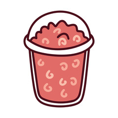 A cup filled with red strawberry shaved ice or granita. A refreshing frozen slushy dessert perfect for cooling down in the summer heat.