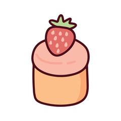 A small sponge cake or muffin topped with pink cream and a fresh strawberry. A sweet single-serving bakery dessert, perfect for parties and tea time.