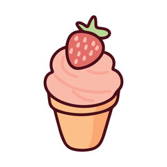 A pink soft serve ice cream cone topped with a fresh strawberry. A refreshing frozen dairy dessert served in a crispy waffle horn, ideal for hot days.