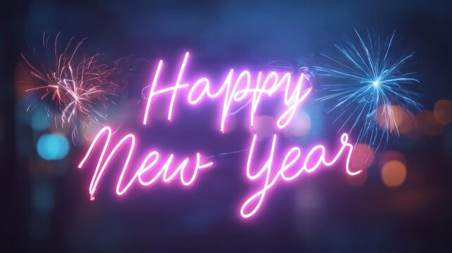 Bright neon pink happy new year text glowing against a dark background with fireworks and bokeh lights - Powered by Adobe