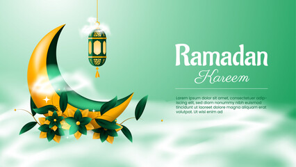 Ramadan kareem background features moon, flowers, and lantern