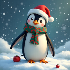 Cute Christmas Penguin with Santa Hat and Scarf &ndash; Winter Holiday Illustration.