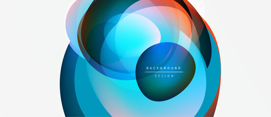 Abstract colorful shapes overlap creating dynamic visual effect. Modern design elements suggest fluidity, energy, innovation.