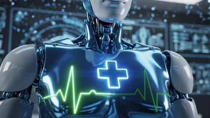 Futuristic medical robot with glowing cross and heartbeat line on chest, advanced healthcare technology featuring digital interface and heart rate monitor for innovative medical solutions