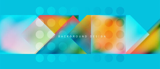 Abstract geometric shapes overlap vibrant blue backdrop. Circles, squares, triangles create dynamic composition. Modern design element.