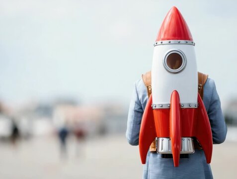 Person wearing a retro rocket backpack walks along the beach among people on a sunny day while enjoying a playful adventure