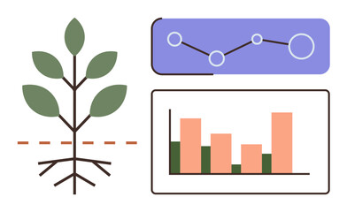 Plant with roots symbolizing growth beside line graph and bar chart for data analysis. Ideal for business, nature, sustainability, development, growth, education, agriculture. Simple flat metaphor