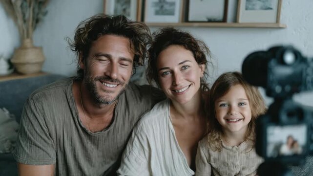 Happy family enjoys a joyful moment together in a cozy living room while capturing their smiles on camera