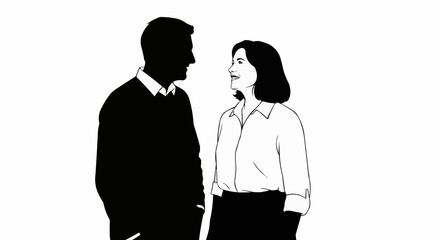 Black and white illustration of a woman looking at a mans silhouette.
