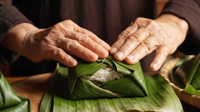 Close up hands of elderly woman wrapping traditional square sticky rice cake banh chung with banana leaves