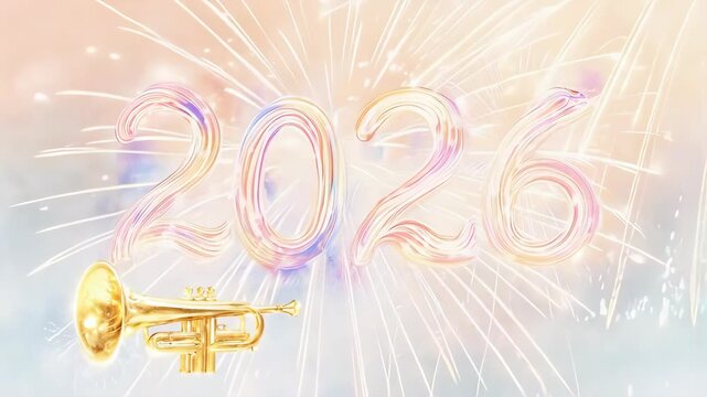 Festive illustration Year 2026, fireworks, trumpet. New Year?s celebration