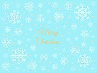 Christmas horizontal background. White falling snowflakes and the text "Merry Christmas" on a blue background. Vector illustration. Winter banner for sale and discount.