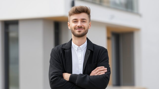 Young man with stylish hair and a black jacket poses confidently outdoors. He stands in front of a sleek modern building, smiling in the sunlight, exuding warmth and charm