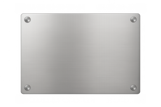 Blank brushed metal plate for text, copy space, or design with rivets, isolated on transparent background