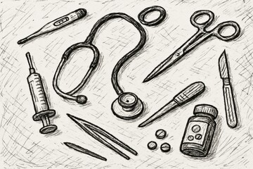 Medical tools and instruments sketch on a textured background