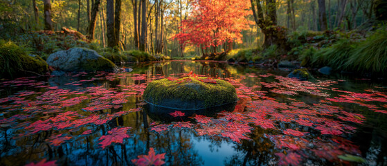 AI generator image of Beautiful autumn nature landscape in a beautiful forest, deciduous forest. This image features red and orange maple leaves falling into a stream and piled around moss-covered roc
