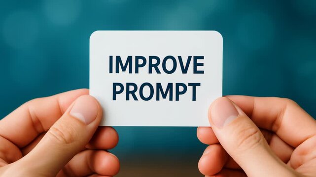 Hands holding card IMPROVE PROMPT blue background, communication and clarity in technology, business, and various contexts