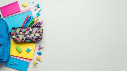 Vibrant school supplies including a blue backpack colorful pencil case notebooks pens and paper clips neatly arranged on a white background ready for learning and creativity