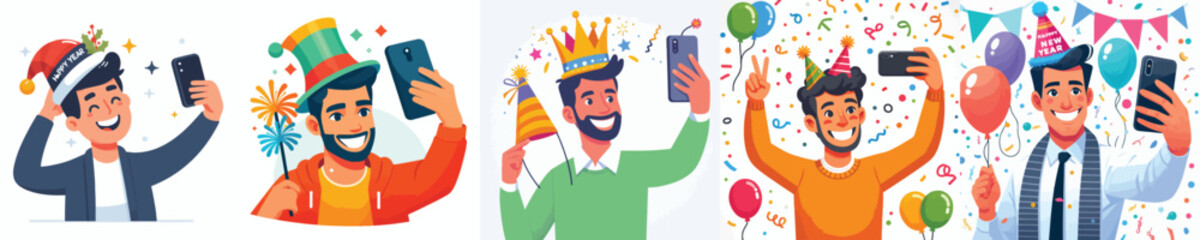 vector of a man taking selfie celebrating the new year