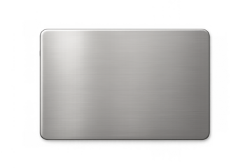Stainless steel metal plate with rounded corners, brushed texture and shiny metallic surface on transparent background