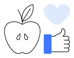 Healthy living concept. Icons of an apple outline, blue heart, and thumbs up wellness, positivity, and balanced lifestyle. Ideal for nutrition, fitness, health education and wellness campaigns