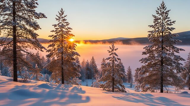 Snowy Winter Forest at Sunrise or Sunset with Fog and Golden Light, Arctic Landscape