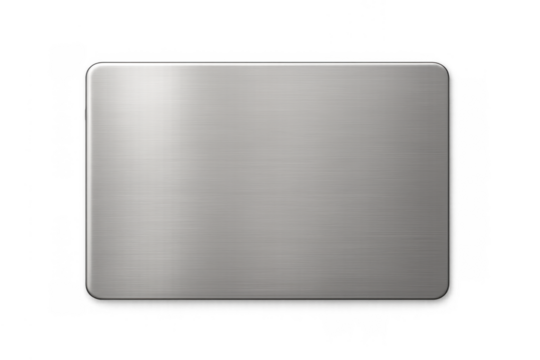 Stainless steel metal plate with rounded corners, brushed texture and shiny metallic surface on transparent background