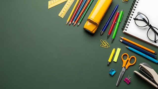 A vibrant collection of school supplies including colored pencils pens scissors a stapler glasses and a notebook neatly arranged on a dark green background creating a visually appealing flat lay compo - Powered by Adobe