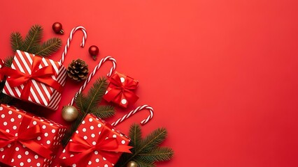 Festive christmas flat lay with red gift boxes candy canes pine cones and fir branches arranged on a vibrant red background perfect for holiday greetings and decorations