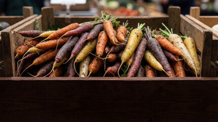 Close-up of a crate filled with multicolored carrots arranged in tight rows