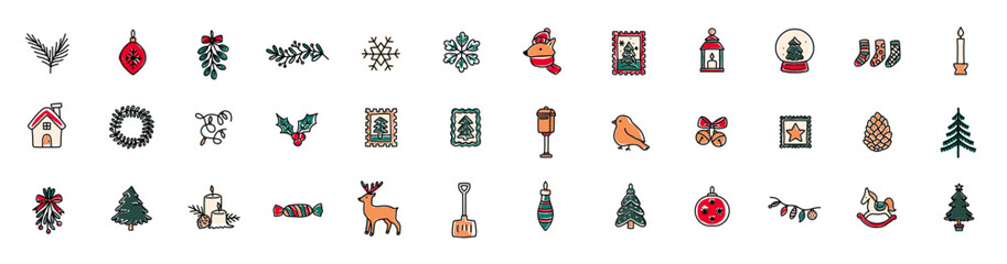 Obraz premium Christmas doodle set with ornaments, winter icons, holly, pine trees, snowflakes, animals, and festive elements