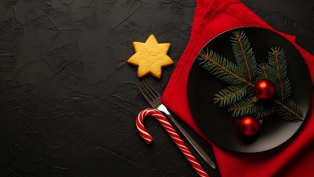 Festive christmas eve dinner setting with a black plate fir branches red ornaments candy cane and a star cookie on a dark textured background with a red napkin - Powered by Adobe