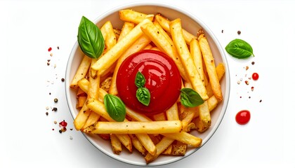 Golden Crispy French Fries with Ketchup and Fresh Basil Leaves on White Background.