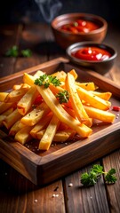 Golden Crispy French Fries Served on a Rustic Wooden Tray with Ketchup.