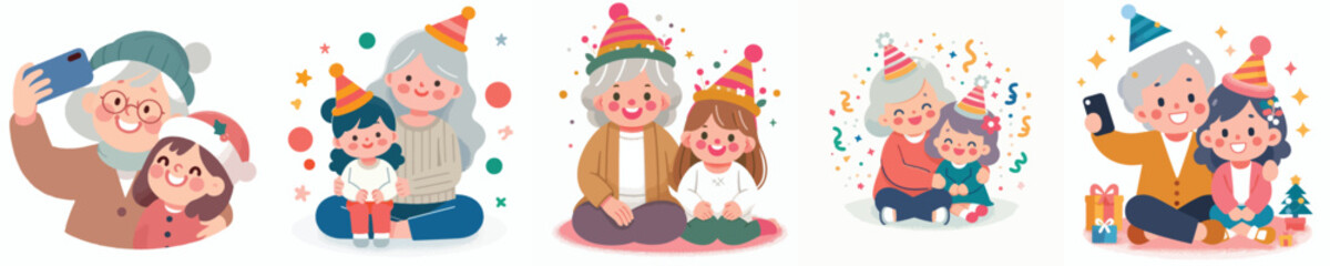 vector grandmother and granddaughter celebrating new year