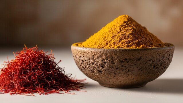 Vibrant piles of red saffron threads and golden turmeric powder in a rustic bowl showcase aromatic spices