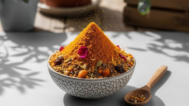 A vibrant mound of colorful indian spices and herbs piled high in a decorative bowl with a wooden spoon nearby - Powered by Adobe